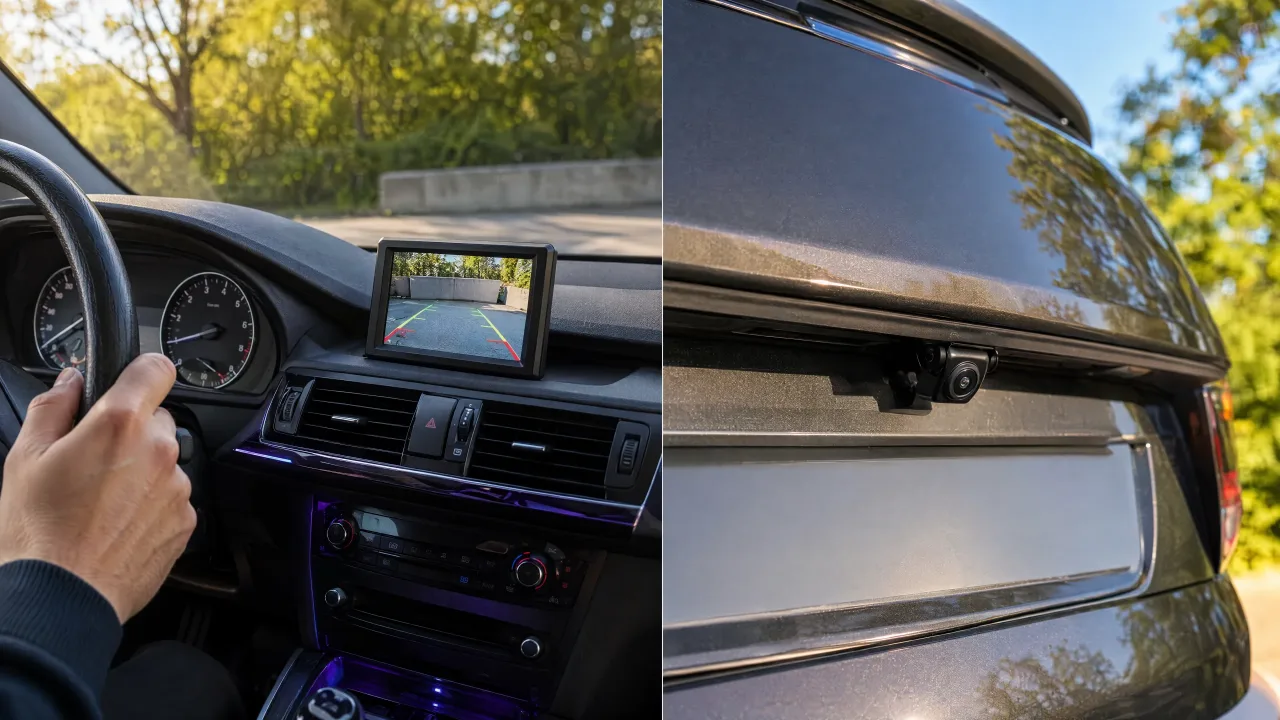 Splitansicht mit Rückfahrkamera-Monitor im Cockpit und montierter Kamera am Fahrzeugheck