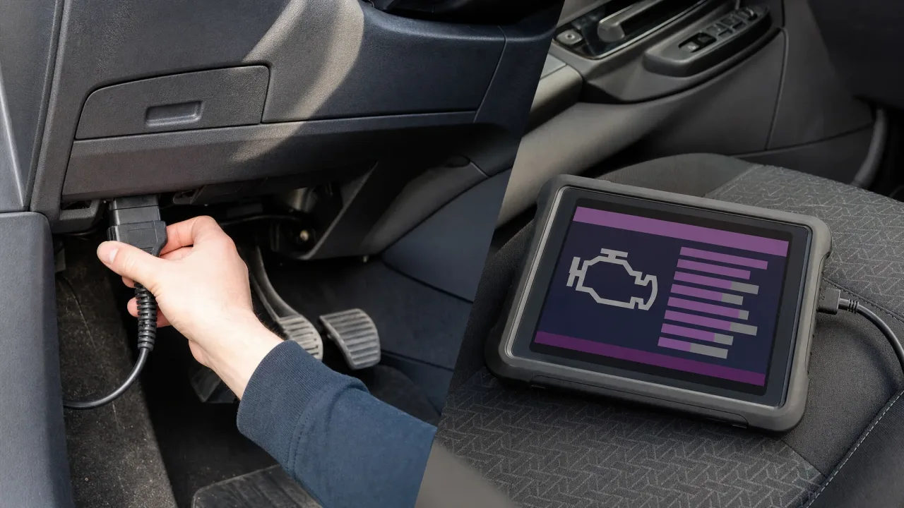 OBD2-Stecker unter dem Armaturenbrett und ein unmarkiertes Diagnosegerät daneben