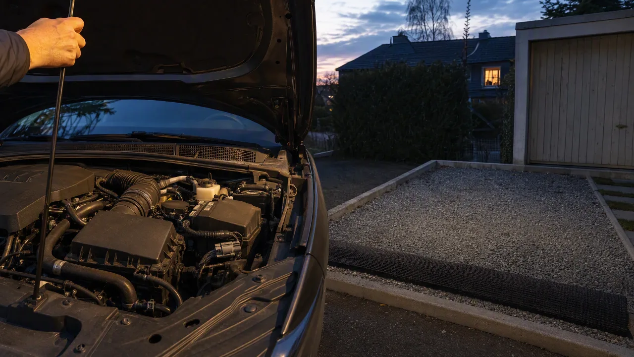 Offener Motorraum Eines Kompaktwagens Am Abend, Daneben Ein Leerer Stellplatz Mit Ausgelegter Gittermatte
